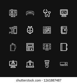 Editable 16 personal icons for web and mobile. Set of personal included icons line Computer, Clipper, Notebook, Old computer, Hip flask, Vest, Lockers, Medical insurance on black background