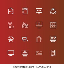 Editable 16 personal icons for web and mobile. Set of personal included icons line Contact list, Cheque, Computer, Hip flask, Personal computer, Locker, Deodorant, Badge on red