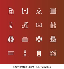 Editable 16 perspective icons for web and mobile. Set of perspective included icons line Building, Cylinder, Cube, Red carpet, Buildings on red