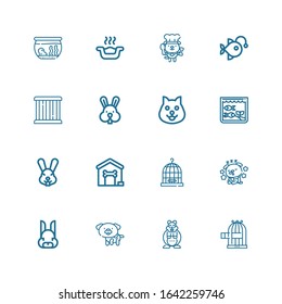 Editable 16 pet icons for web and mobile. Set of pet included icons line Bird cage, Hamster, Dog, Rabbit, Cage, Dog house, Aquarium, Anglerfish, Litter box on white background