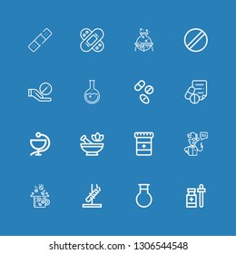 Editable 16 pharmaceutical icons for web and mobile. Set of pharmaceutical included icons line Medicine, Flask, Test tube, Drugs, Scientist, Mortar, Medical prescription on blue background