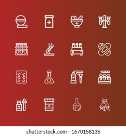 Editable 16 pharmaceutical icons for web and mobile. Set of pharmaceutical included icons line Flask, Medicine, Test tube, Tube, Contraceptive pills, Bandage, Test tubes on red