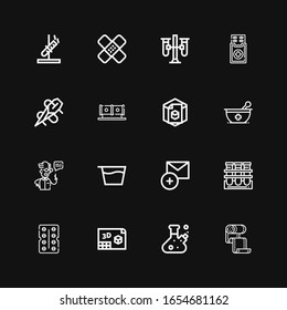 Editable 16 pharmacy icons for web and mobile. Set of pharmacy included icons line Bandage, Flask, d, Antibiotic, Tube, Add, Syrup, Scientist, Mortar, Needle on black background