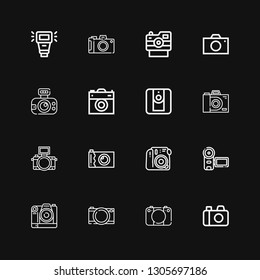 Editable 16 photocamera icons for web and mobile. Set of photocamera included icons line Camera, Camera flash on black background