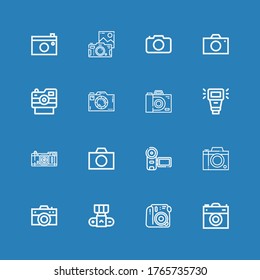 Editable 16 photocamera icons for web and mobile. Set of photocamera included icons line Camera, Camera flash on blue background