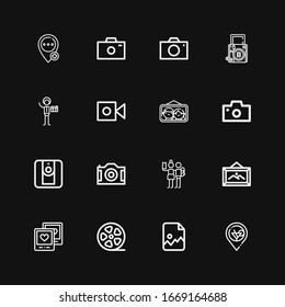 Editable 16 Photograph Icons For Web And Mobile. Set Of Photograph Included Icons Line Placeholder, Image, Film Roll, Picture, Frame, Selfie, Camera, Photo Camera On Black Background