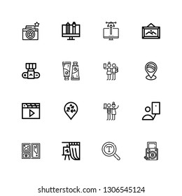 Editable 16 picture icons for web and mobile. Set of picture included icons line Camera, Font, Gallery, Frame, Selfie, Placeholder, Clapper, Paint tube, Design on white background