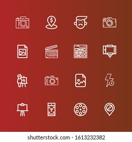 Editable 16 picture icons for web and mobile. Set of picture included icons line Placeholder, Film reel, Typography, Canvas, Auto flash, Image, Camera, Easel, Selfie stick on red