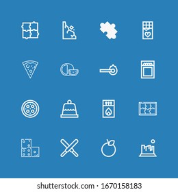 Editable 16 piece icons for web and mobile. Set of piece included icons line Rock, Orange, Chocolate, Domino, Puzzle, Matches, Dessert, Pizza, Match, Cheese on blue background