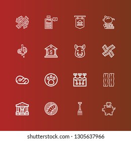 Editable 16 pig icons for web and mobile. Set of pig included icons line Piggy bank, Pitchfork, Ribs, Bank, Bacon, Farming, Animal, Meat, Boar, Butcher, Tax on red