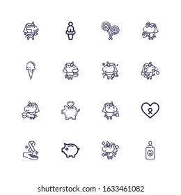 Editable 16 pink icons for web and mobile. Set of pink included icons line Baby feeder, Unicorn, Piggy bank, Cancer, Ice cream cone, Lollipop, Venus on white background