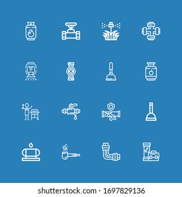 Bearbeitbare 16 Pipeline-Icons für Web und Mobile. Pipeline-Set mit Symbolen der Linie Pipe, Wassertank, Plunger, Gas, Rohrleitungen, Sprinkler auf blauem Hintergrund