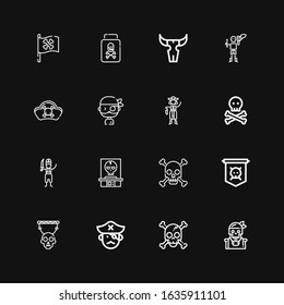 Editable 16 piracy icons for web and mobile. Set of piracy included icons line Pirate, Skull, Jolly roger, Pirates, Poison, Pirate flag on black background