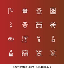 Editable 16 pirate icons for web and mobile. Set of pirate included icons line Skull, Treasure, Rum, Pirate, Papyrus, hat, Chest, Sabre, Ship wheel, flag on red