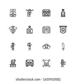 Editable 16 pirate icons for web and mobile. Set of pirate included icons line Pirate, Skull, Chest, Sabre, Pirates, Jolly roger, Poison, Rum on white background