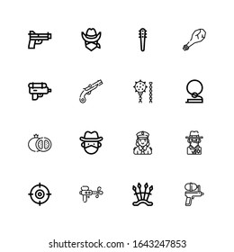 Editable 16 pistol icons for web and mobile. Set of pistol included icons line Water gun, Weapons, Shooter, Cowboy, Police, Grenade, Weapon, Musket, Gun on white background