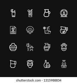 Editable 16 pitcher icons for web and mobile. Set of pitcher included icons line Vase, Amphora, Jug, Lemonade, Ceramic, Baseball field on black background