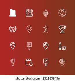 Editable 16 place icons for web and mobile. Set of place included icons line Location, Parking, Localize, Medal, Marker, Placeholder, Parking sign, Trophy, Pins, Award on red