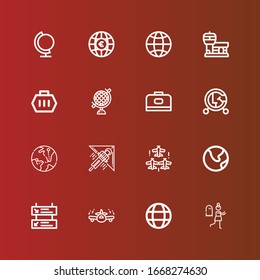 Editable 16 plane icons for web and mobile. Set of plane included icons line Terror, World, Airplane, Departures, Earth, Aircraft, Hang gliding, Globe, Vehicle, Carrier on red