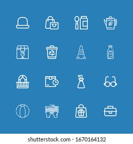 Editable 16 plastic icons for web and mobile. Set of plastic included icons line Lunchbox, Bag, Keyboard, Beach ball, Glasses, Oil bottle, Package, Balcony on blue background