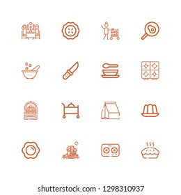 Editable 16 plate icons for web and mobile. Set of plate included icons line Pie, Stove, Picnic, Fried egg, Jelly, Take away, Room service, Jukebox, Soup, Knife on white background