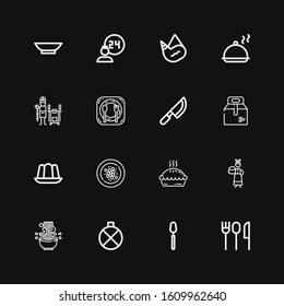 Editable 16 plate icons for web and mobile. Set of plate included icons line Cutlery, Spoon, Canteen, Noodle, Servant, Pie, Oyster omelette, Jelly, Take away on black background