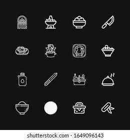 Editable 16 plate icons for web and mobile. Set of plate included icons line Knife, Picnic, Cutlery, Bowl, Salver, Canteen, Fruit bowl, Restaurant, Soup, Steak on black background
