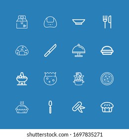 Editable 16 plate icons for web and mobile. Set of plate included icons line Pie, Knife, Spoon, Salad, Soup, Bowl, Tray, Onigiri, Restaurant, Take away on blue background