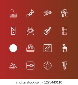 Editable 16 play icons for web and mobile. Set of play included icons line Badminton, Ball, Slide, Triangle, Sand bucket, Noise, Video, Kite, Film, Guitar, Gamepad, Dominoes on red