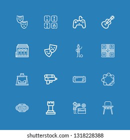 Editable 16 play icons for web and mobile. Set of play included icons line Baby chair, Water gun, Chess, Casino, Tambourine, Console, Swing, Game, Football player on blue background