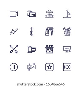 Editable 16 play icons for web and mobile. Set of play included icons line Record, Itunes, Controller, Pause, Smart tv, Stadium, Film, Arrows, Lyre, Tube, Trombone on white background