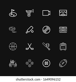 Editable 16 player icons for web and mobile. Set of player included icons line Football, Pause, Buttons, Paintball, Amplifier, Baseball, Ice hockey, Basketball on black background
