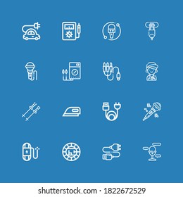 Editable 16 plug icons for web and mobile. Set of plug included icons line Microphone, Usb cable, Electric, Wire, Charge, Ironing, Poles, Mechanic, Jack connector on blue background