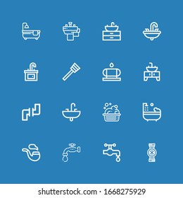 Editable 16 plumbing icons for web and mobile. Set of plumbing included icons line Pipes, Water tap, Faucet, Pipe, Bathtub, Washbowl, Sink, Water tank, Plunger on blue background