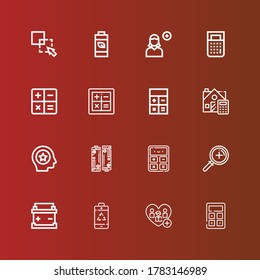 Editable 16 plus icons for web and mobile. Set of plus included icons line Calculator, Add, Battery, Zoom, Favorite, Calculate, Add user, Exclude on red