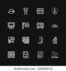 Editable 16 png icons for web and mobile. Set of png included icons line Vertical align, Psd file, Jpg, Safebox, Quiver, Gym station, Fretsaw, Pamela, Hotel signal on black background