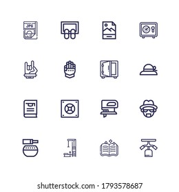 Editable 16 png icons for web and mobile. Set of png included icons line Gym station, Spellbook, Standing bell, Heisenberg, Fretsaw, Safebox, Thesis, Pamela on white background