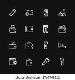Editable 16 pocket icons for web and mobile. Set of pocket included icons line Flashlight, Wallet, Penknife, Sweatpants, Swiss army knife on black background