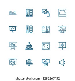 Editable 16 podium icons for web and mobile. Set of podium included icons line Speaker, Conference, Presentation, Stage, Speakers on white background