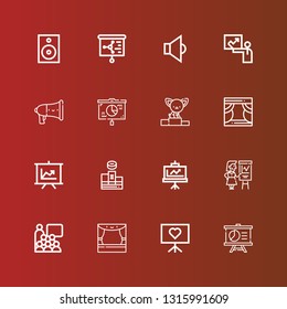 Editable 16 podium icons for web and mobile. Set of podium included icons line Presentation, Stage, Conference, Podium, Speaker on red