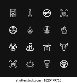 Editable 16 poison icons for web and mobile. Set of poison included icons line Biohazard, Skull, Spider, Snake, Elixir, Fakir, Radioactive, No smoking, Potion on black background
