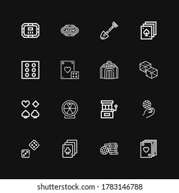 Editable 16 poker icons for web and mobile. Set of poker included icons line Poker, Casino chip, Playing cards, Dice, Slot machine, Roulette, Dices, Casino on black background