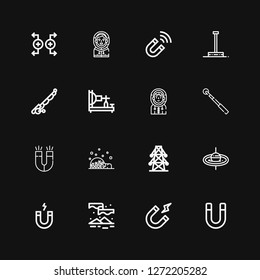 Editable 16 pole icons for web and mobile. Set of pole included icons line Magnet, Magnetism, Aurora, Fishing rod, Electric tower, Igloo, Magnetic, Eskimo on black background