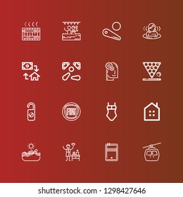 Editable 16 pool icons for web and mobile. Set of pool included icons line Cableway, Pool, Spa, Swimming, Real estate, Swimsuit, Fiat, Hotel, Snooker, Relax, Pinball, Mortgage on red