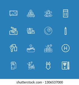 Editable 16 pool icons for web and mobile. Set of pool included icons line Billiard, Swimsuit, Spa, Relax, Hotel, Swimming pool, Swimming, Key room, National mall on blue background