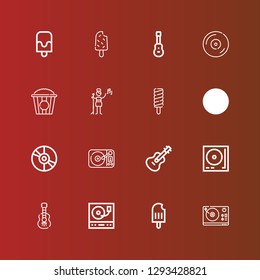 Editable 16 pop icons for web and mobile. Set of pop included icons line Turntable, Popsicle, Acoustic guitar, Guitar, Vinyl, Pop singer, Popcorn on red