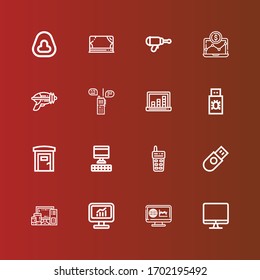 Editable 16 portable icons for web and mobile. Set of portable included icons line Screen, Monitoring, Computer, Electronics, Usb, Walkie talkie, Portable toilets, Laptop on red