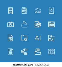 Editable 16 portfolio icons for web and mobile. Set of portfolio included icons line Archives, Folder, File, Typography, Layout, Document, Bag, Briefcase, Paper bag on blue background