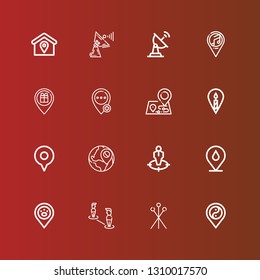 Editable 16 position icons for web and mobile. Set of position included icons line Placeholder, Pins, Position, Location, Maps, Satellite dish on red