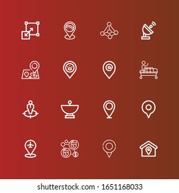 Editable 16 position icons for web and mobile. Set of position included icons line Location, Contact, Placeholder, Satellite dish, Position, Gurney, Maps, Stretching on red